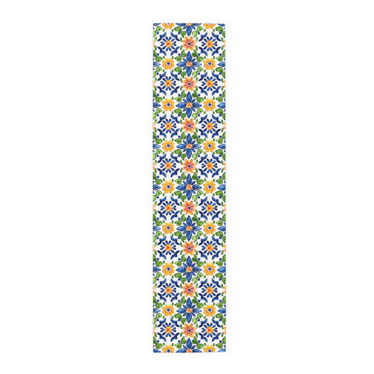 Sol y Alegría (Sun and Joy) Collection- Cactus Succulent Pattern Microfiber Blanket Soft Velveteen Throw for Home & Garden Lovers Floral Tile Table Runner — Blue & Yellow Mediterranean Pattern - Creations by Chris and Carlos