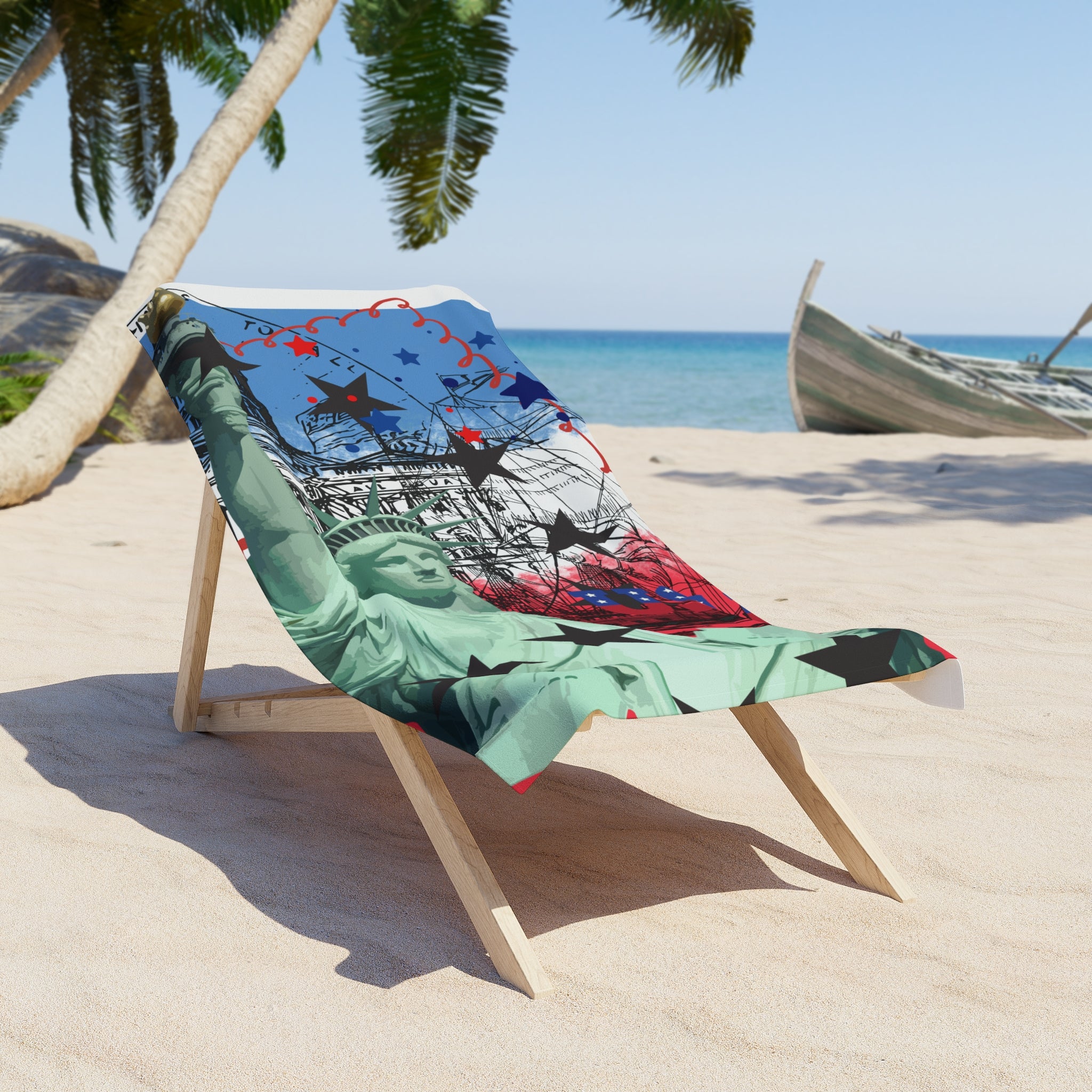 Statue of Liberty Stars Beach Towel — Patriotic Red White Blue Graphic Beach Towel - Creations by Chris and Carlos