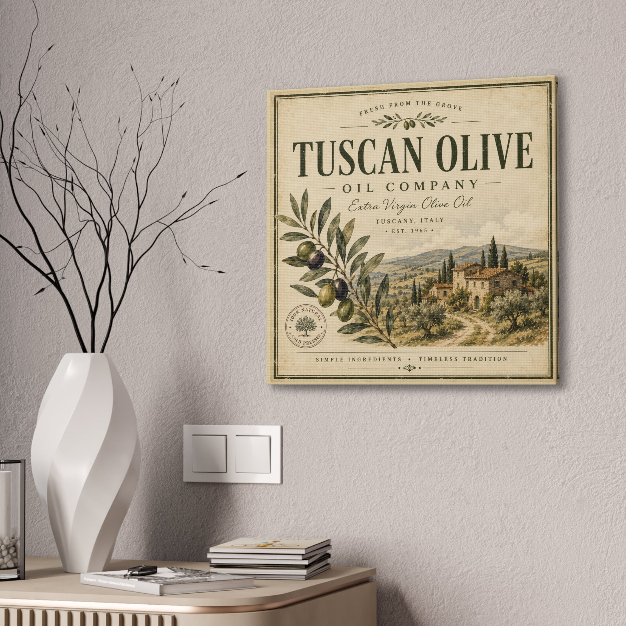 Tuscan Olive Canvas Wall Art - "Tuscan Olive Oil Company" Vintage Kitchen Sign - Creations by Chris and Carlos