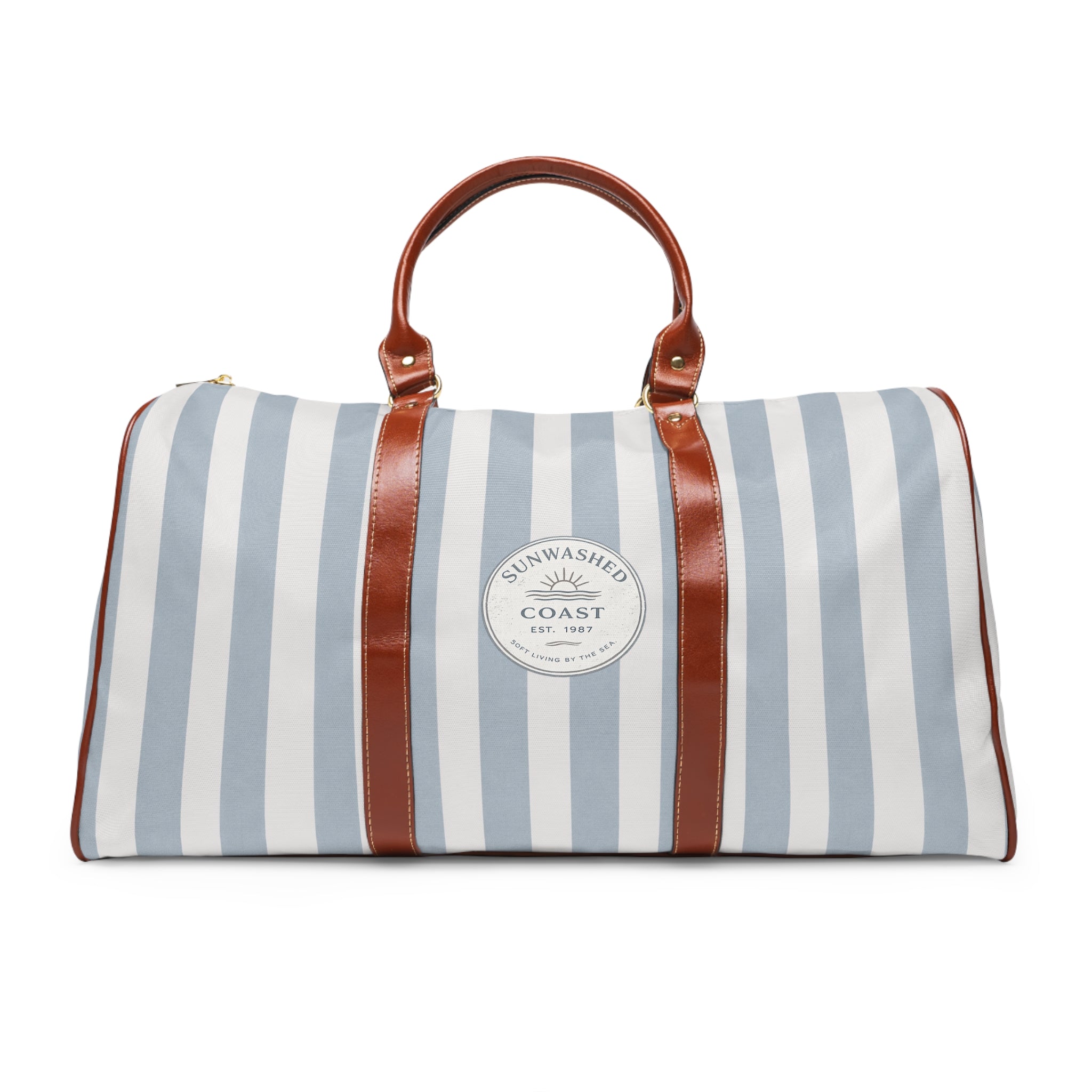 Striped Waterproof Travel Duffle Bag — Coastal "Sunwashed Coast" Patch - Creations by Chris and Carlos