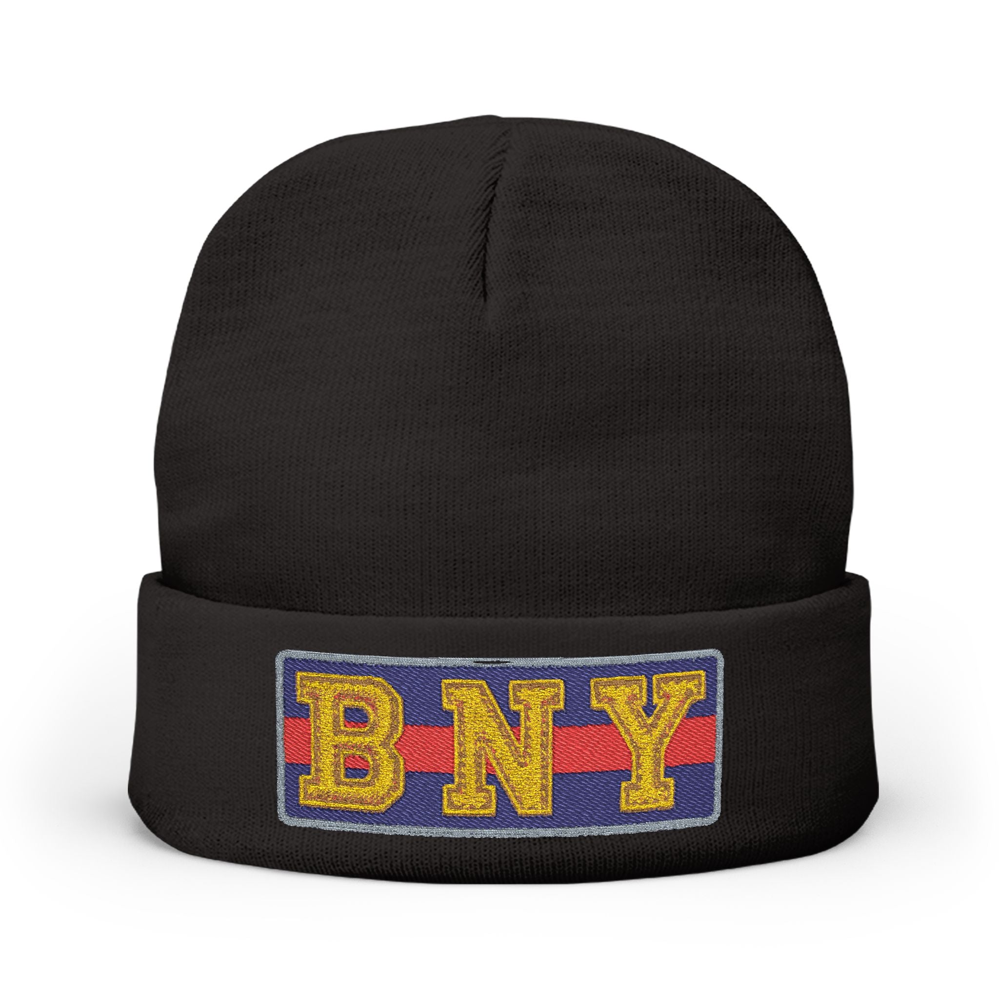 BNY Embroidered Knit Beanie – Vintage Letter Patch Winter Hat - Creations by Chris and Carlos