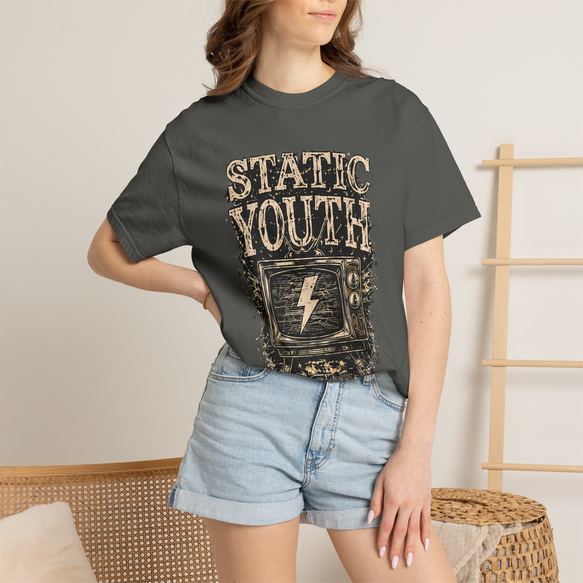 Static Youth Graphic Tee — Vintage TV Lightning Bolt "Old Soul Replay" - Creations by Chris and Carlos
