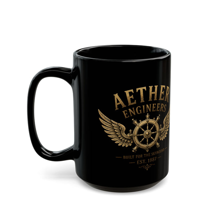 Aether Engineers Vintage Winged Helm Black Mug – Steampunk Nautical Coffee Cup (11oz, 15oz)