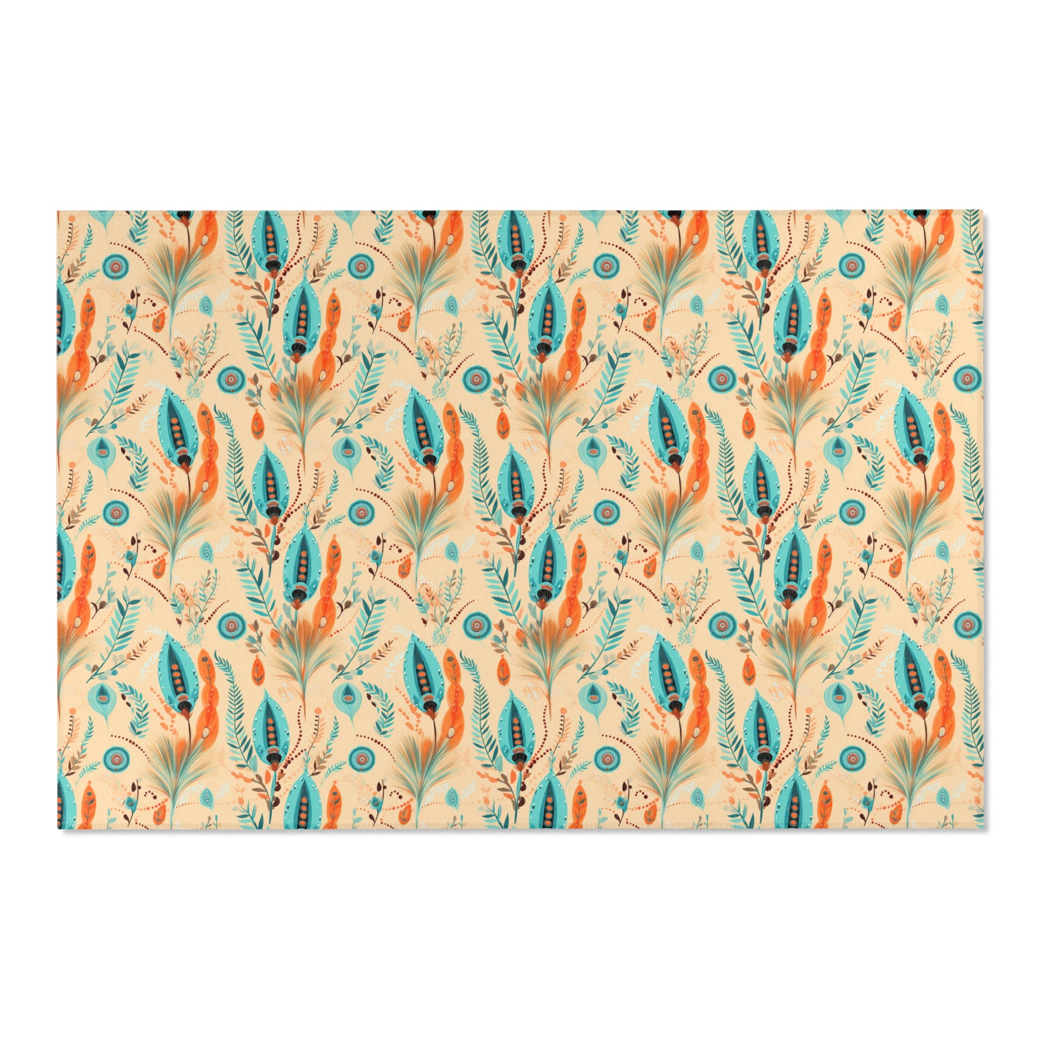 Sol y Alegría (Sun and Joy) Collection- Boho Feather Pattern Area Rug — Turquoise & Coral Accent Rug - Creations by Chris and Carlos