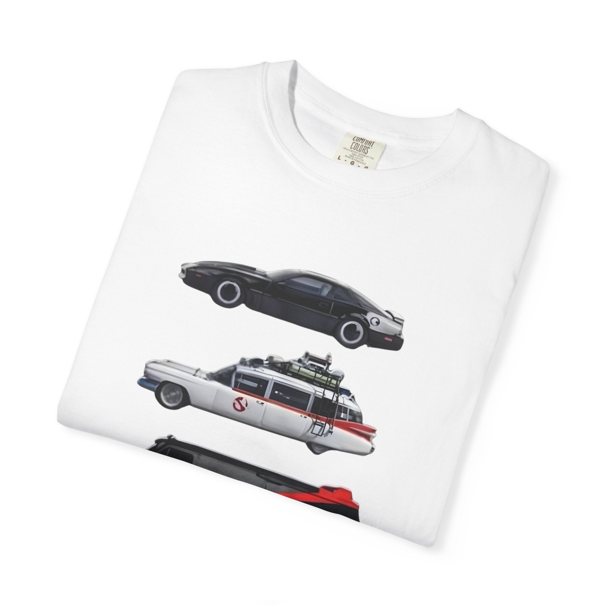 Classic TV Movie Car Stack T-Shirt — KITT, Ghostbusters, A-Team & DeLorean Tribute - Creations by Chris and Carlos