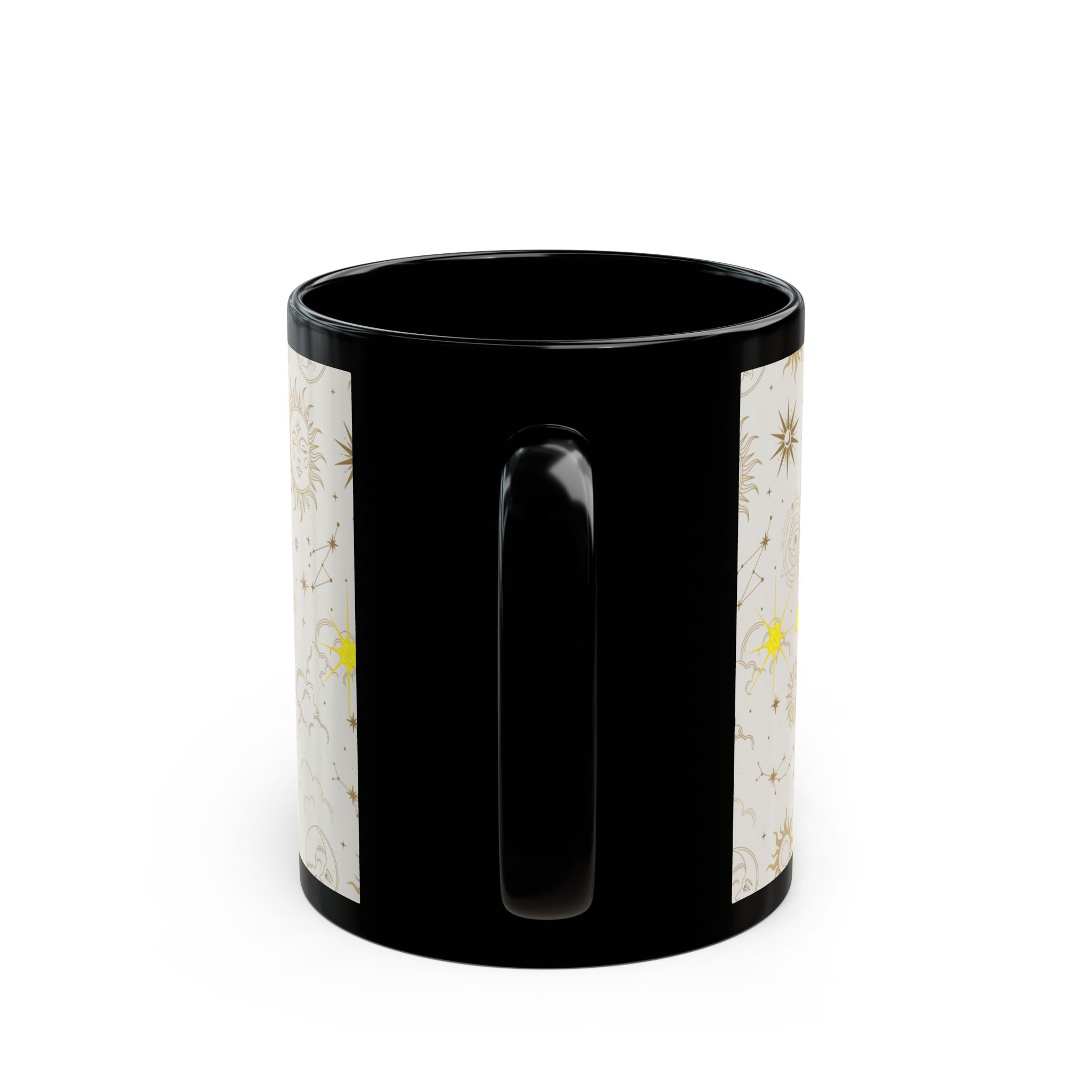 Celestial Sun & Moon Black Mug — Golden Astrology Pattern (11oz/15oz) - Creations by Chris and Carlos