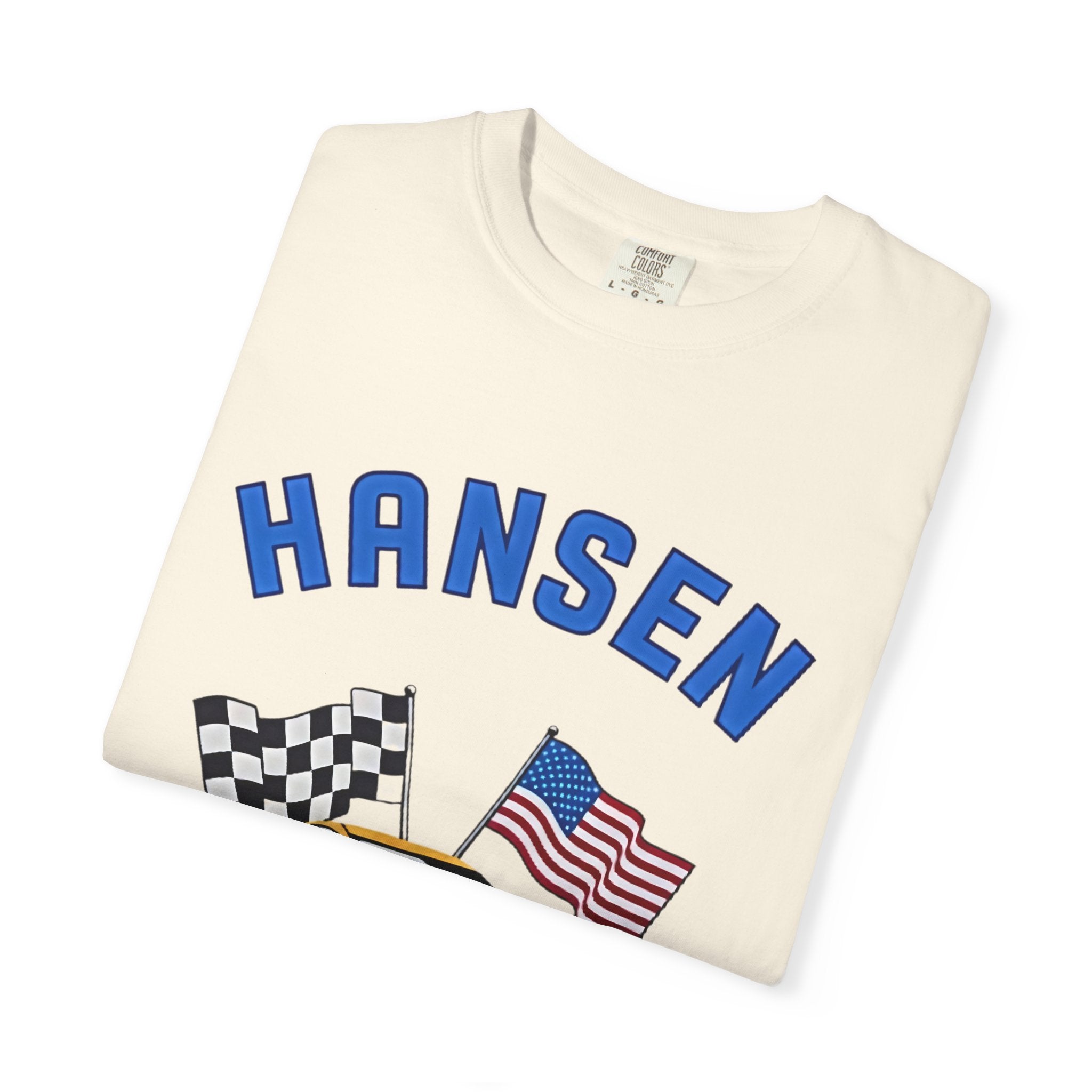 The Pitt TV Show Pit Crew Racing T‑Shirt — 'Hansen' Sports Car with Checkered Flag & American Flag - Creations by Chris and Carlos