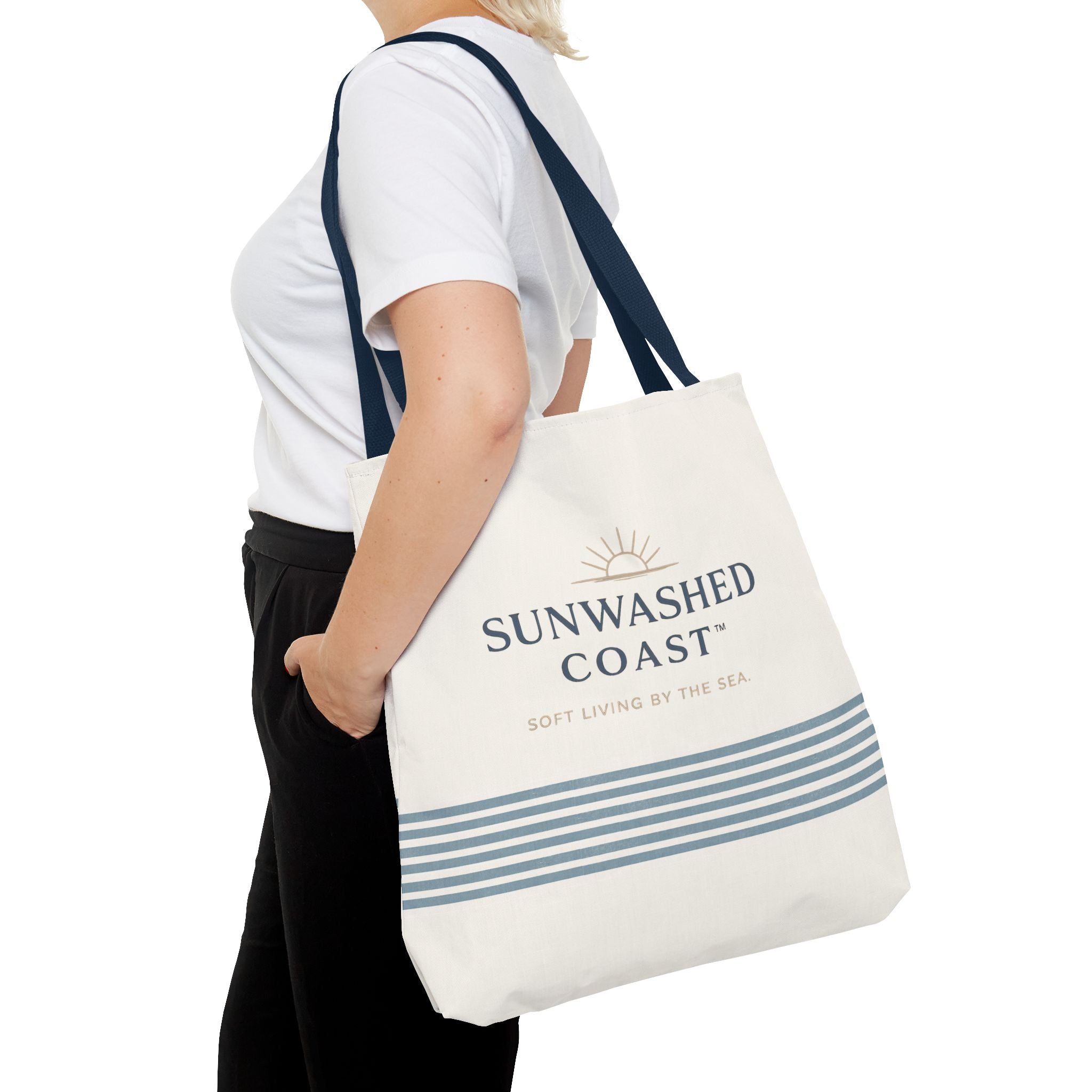 Sunwashed Coast Tote Bag – Coastal Striped Beach Canvas Tote (“Sunwashed Coast” Logo) - Creations by Chris and Carlos