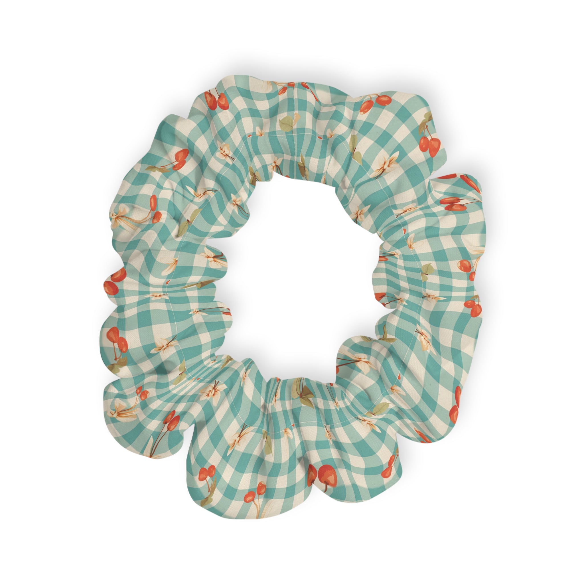 Cherry Gingham Scrunchie — Retro Teal Check Hair Accessory - Creations by Chris and Carlos