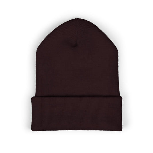 Embroidered Gold Cassette Beanie — Retro Music Cuffed Hat - Creations by Chris and Carlos