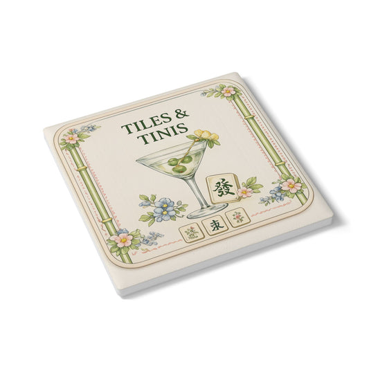 Tiles & Tinis Ceramic Coaster — Vintage Mahjong Martini Drink Coaster - Creations by Chris and Carlos