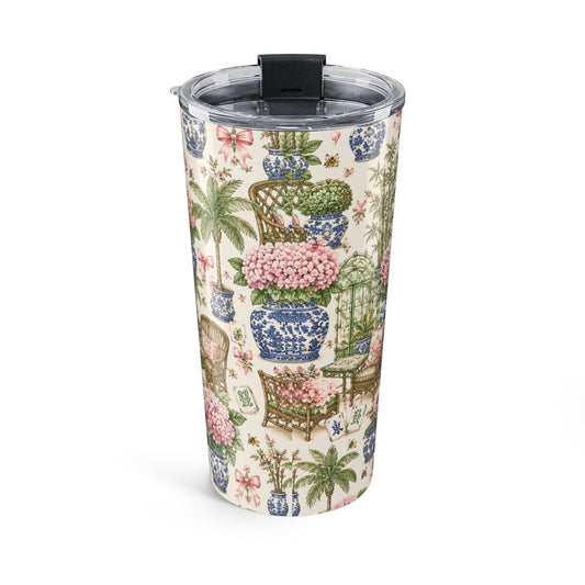20oz Floral Garden Tumbler – Chinoiserie Hydrangea Patio Insulated Cup - Creations by Chris and Carlos