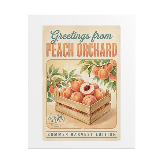 Peach Orchard Vintage Travel Poster — Rolled Poster (“Greetings from Peach Orchard” Summer Harvest Art) - Creations by Chris and Carlos