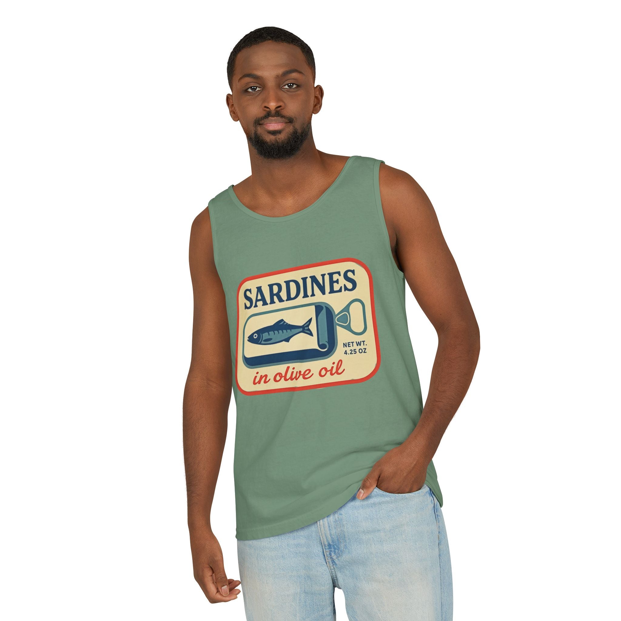Sardines in Olive Oil Tank Top — Retro Seafood Can Graphic - Creations by Chris and Carlos