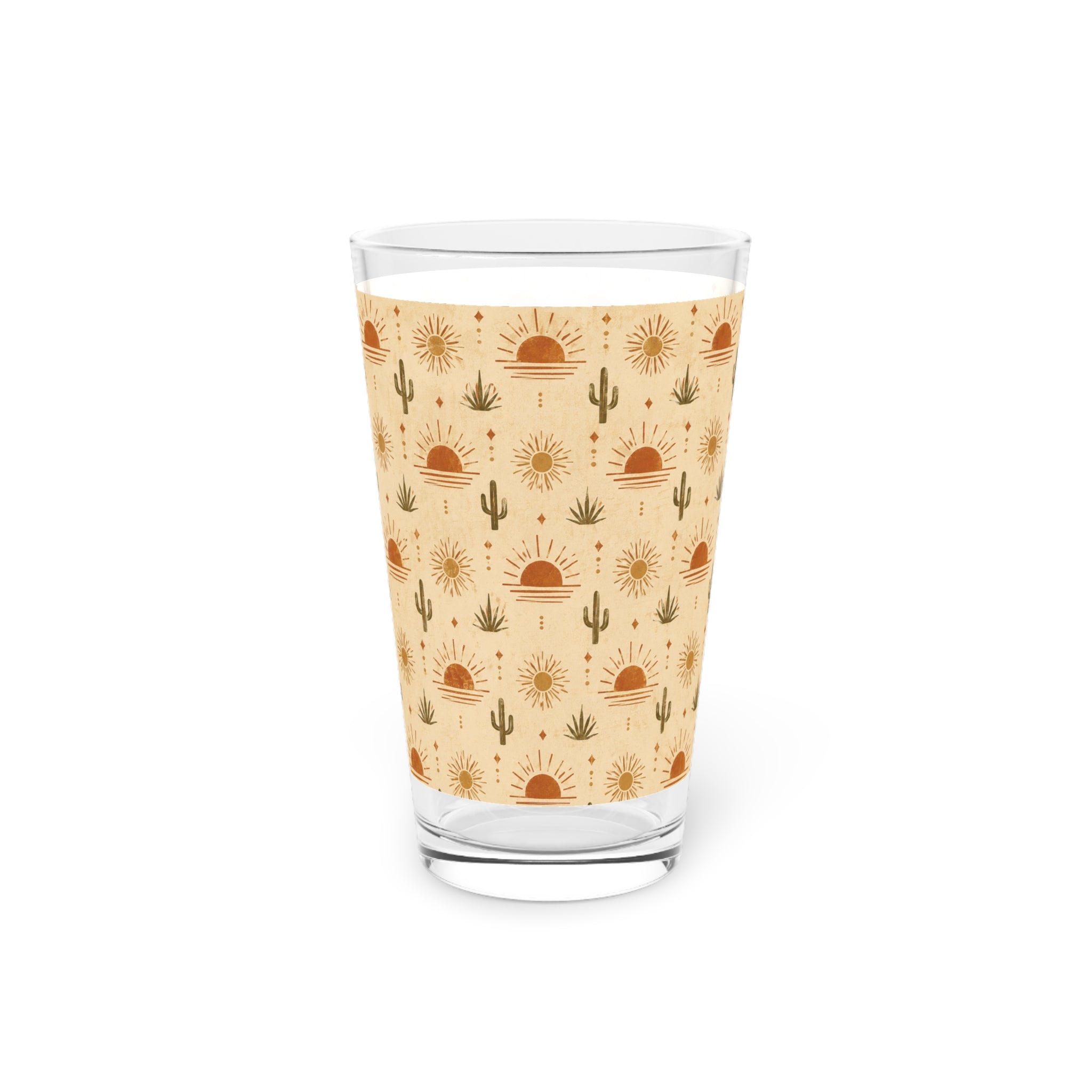 Desert Sunset Pint Glass — 16oz Southwestern Cactus & Sun Pattern - Creations by Chris and Carlos