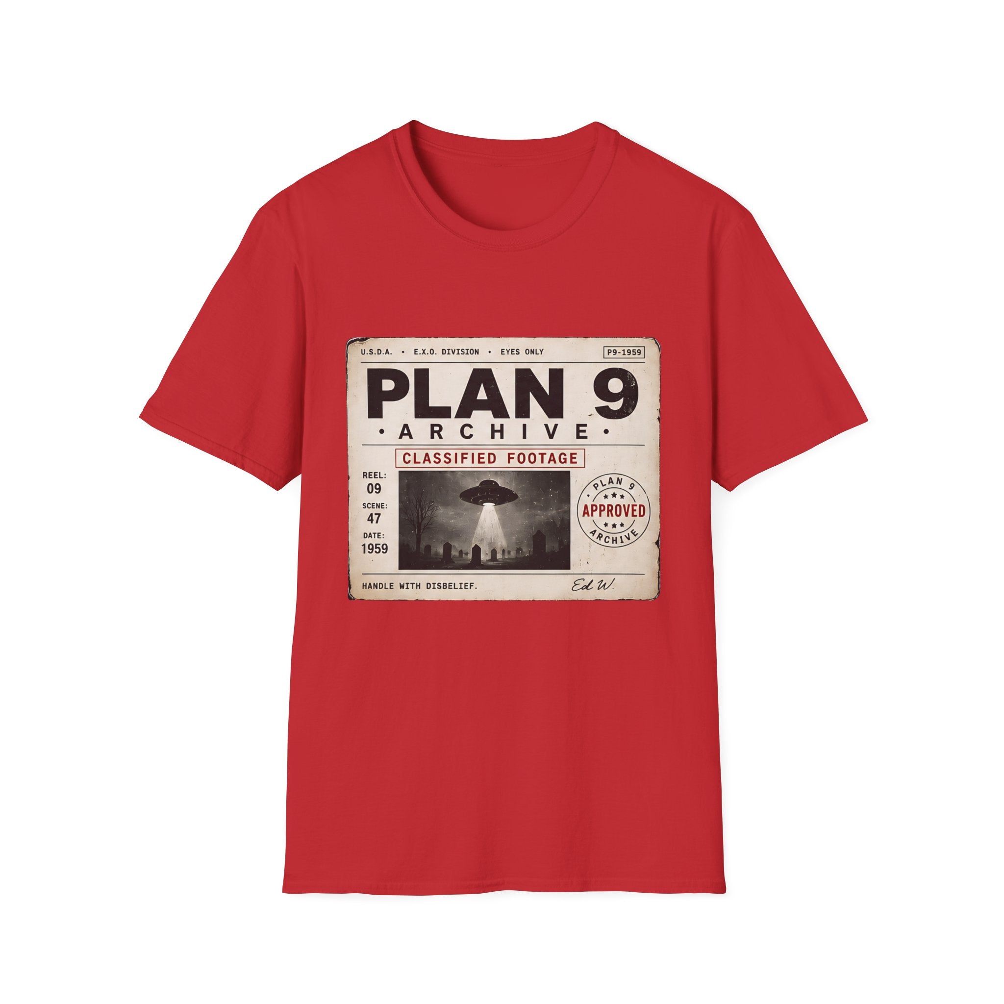 Plan 9 Archive UFO T-Shirt — Retro 'Classified Footage' Alien Badge Tee - Creations by Chris and Carlos
