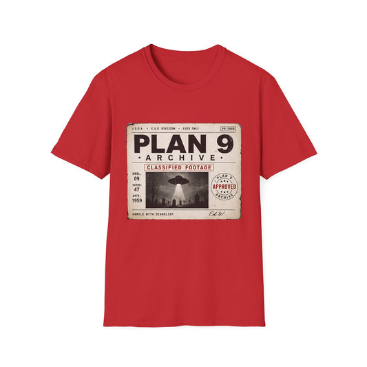 Plan 9 Archive UFO T-Shirt — Retro 'Classified Footage' Alien Badge Tee - Creations by Chris and Carlos