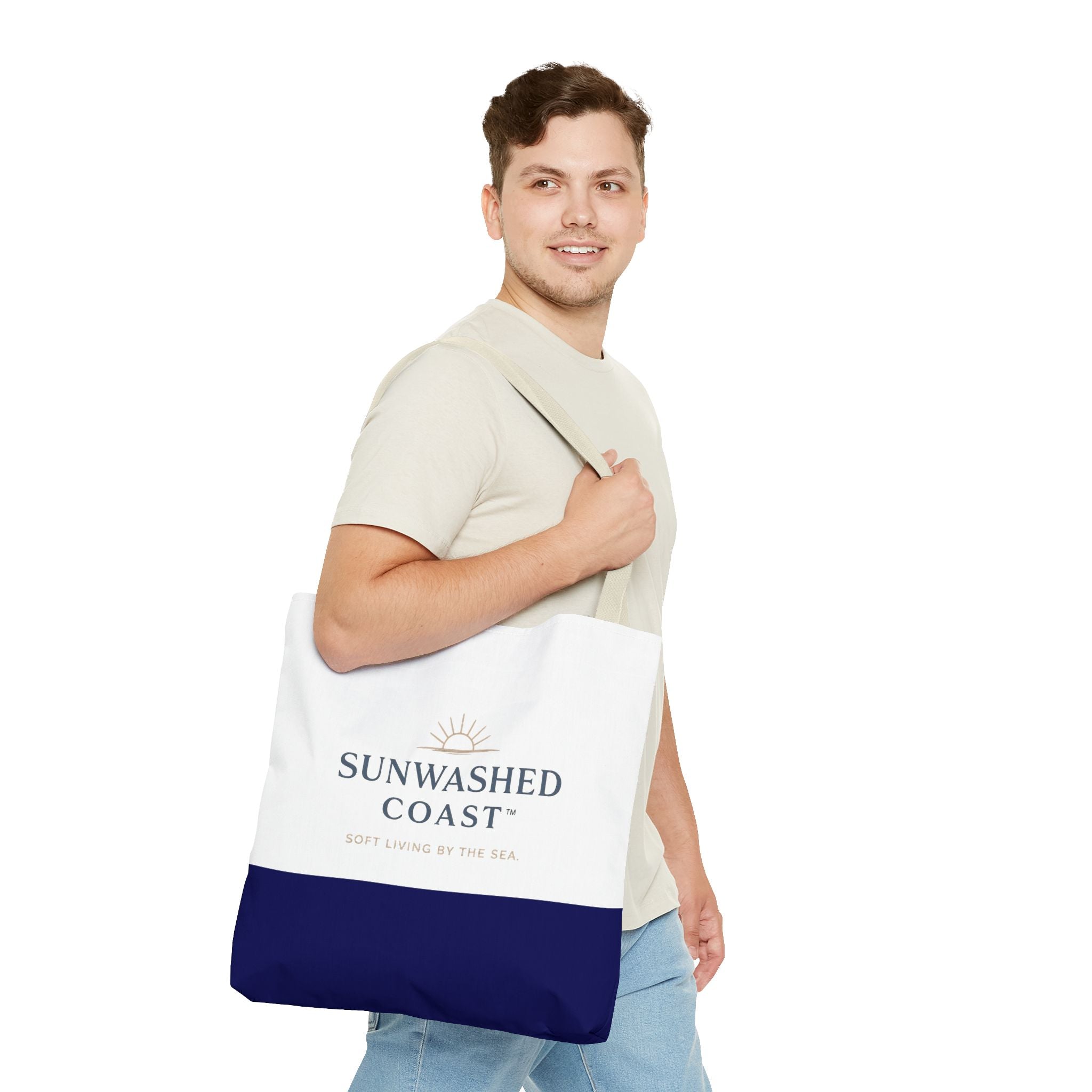Sunwashed Coast Tote Bag — Coastal Canvas Beach Tote with 'Soft Living by the Sea' Logo - Creations by Chris and Carlos