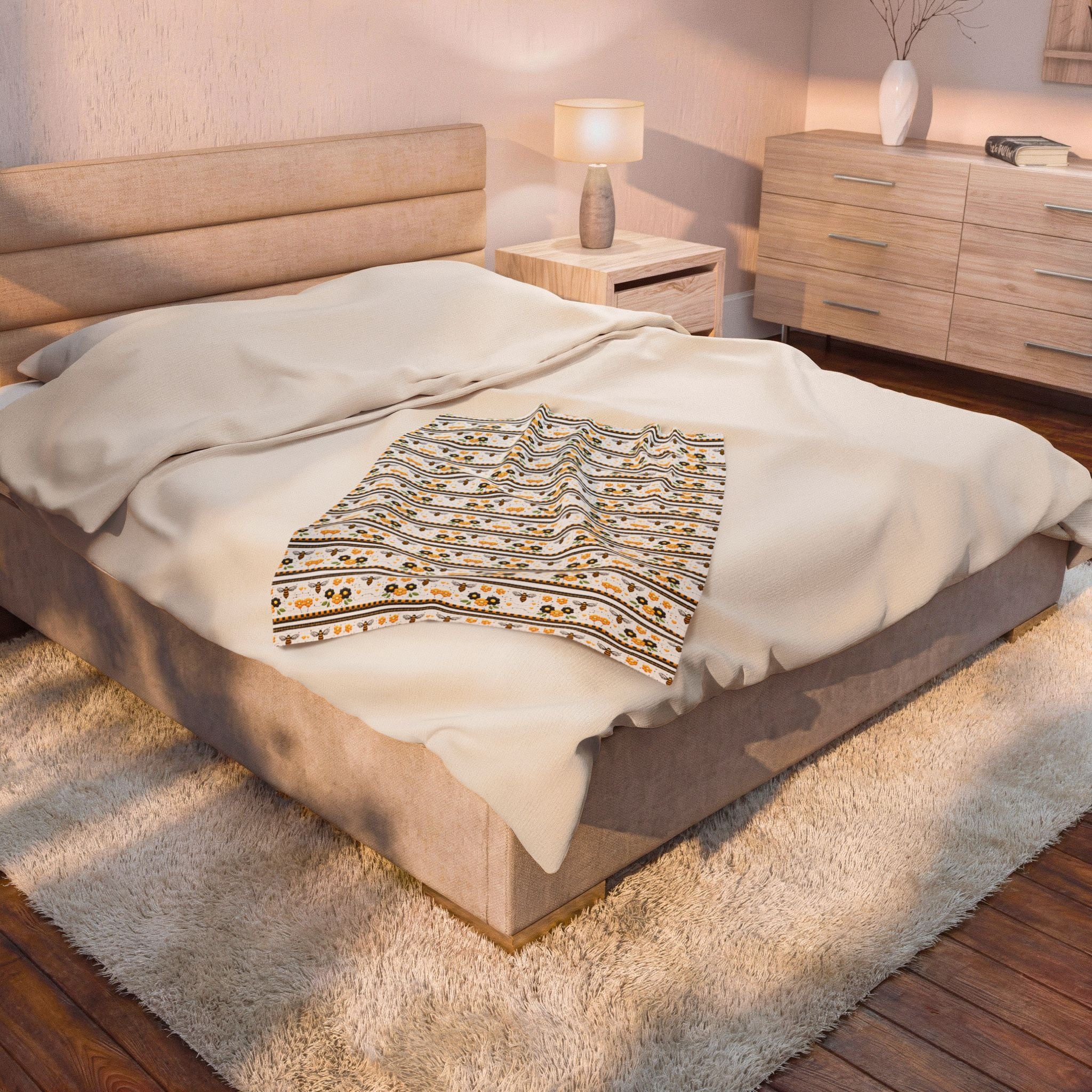 Bee & Sunflower Velveteen Plush Blanket — Cozy Floral Throw for Spring, Garden Lovers & Gift Giving - Creations by Chris and Carlos