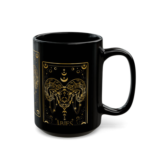 Aries Zodiac Black Mug — Gold Ram Astrology Coffee Cup (11oz & 15oz) - Creations by Chris and Carlos