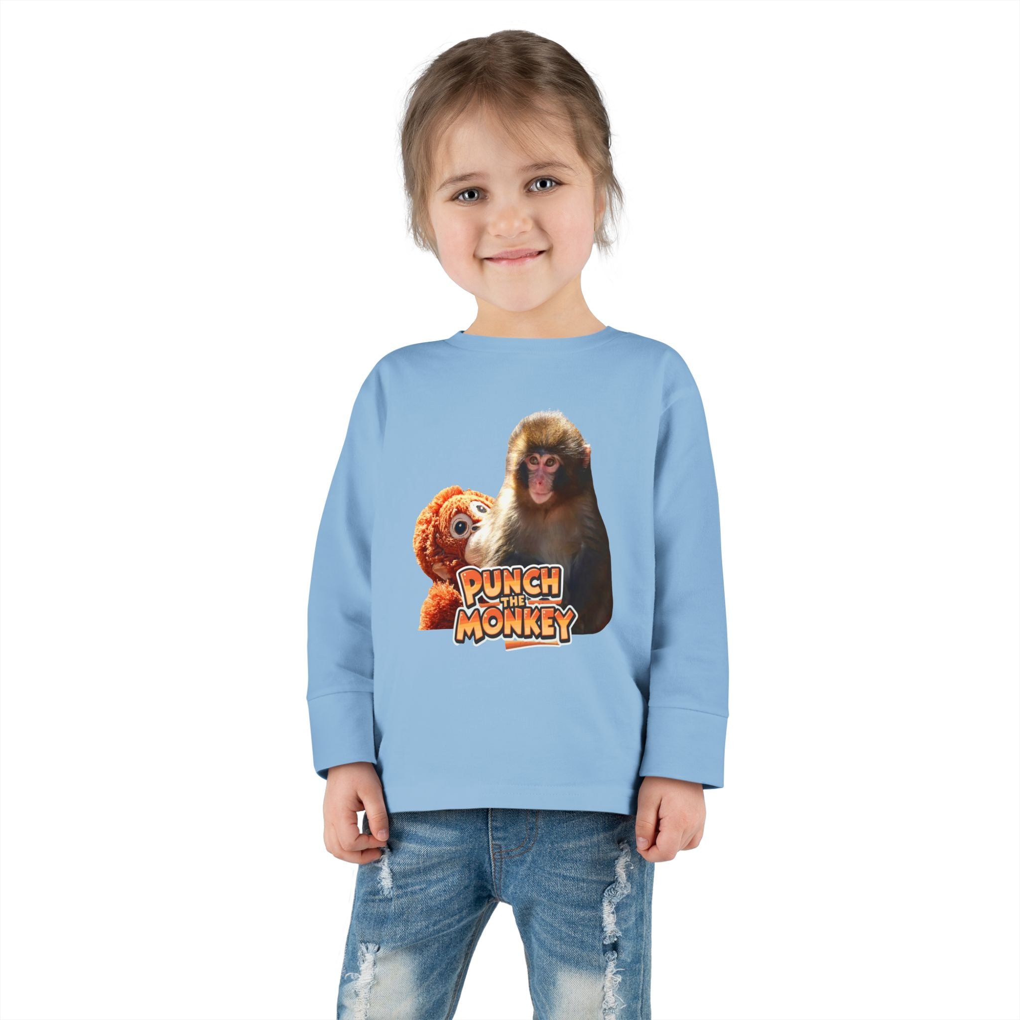 Punch Monkey Toddler Long Sleeve Tee Cute Monkey & Plush Character Shirt for Kids - Creations by Chris and Carlos