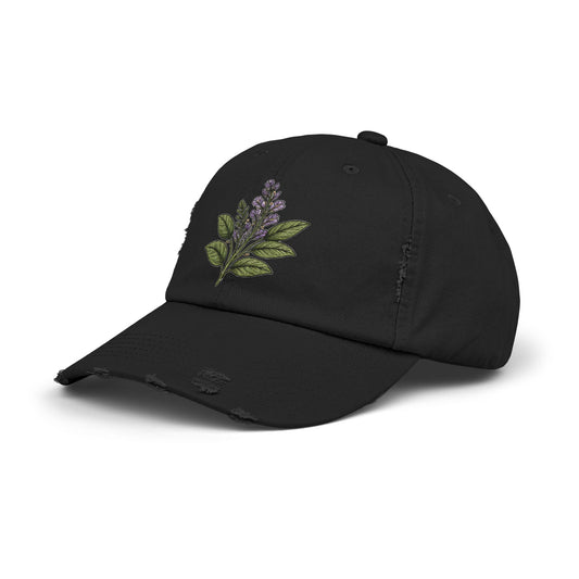 Old Soul Apothecary Distressed Black Baseball Cap with Lavender Sprig Embroidery - Creations by Chris and Carlos