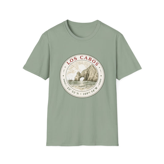 Los Cabos Arch Vintage Graphic T-Shirt — Beach Souvenir Tee with Coordinates - Creations by Chris and Carlos