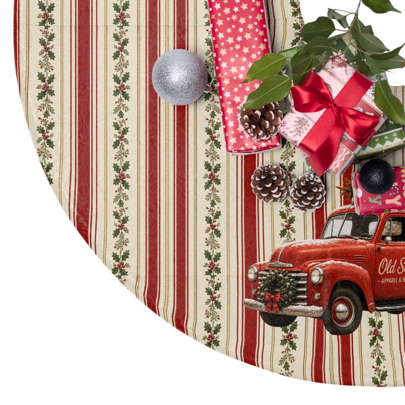Old Soul Christmas Market™🌲Vintage Red Truck Christmas Tree Skirt — Striped Holly Holiday Décor