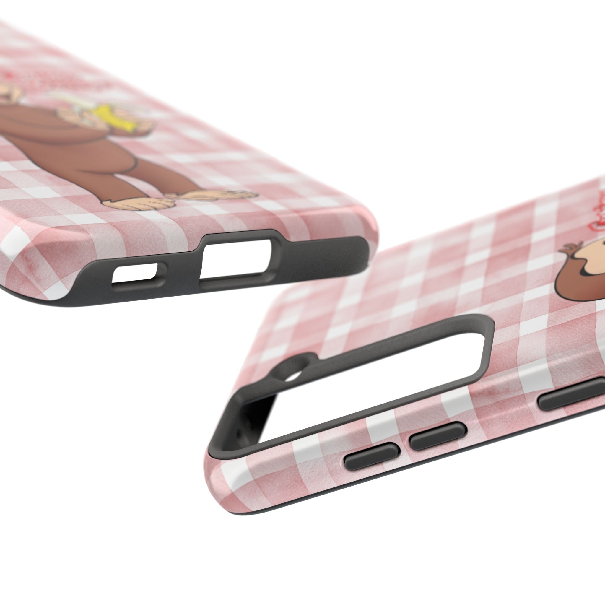 Curious George Banana Tough Phone Case — Cute Kids iPhone Cover, Pink Gingham Protective Case - Creations by Chris and Carlos