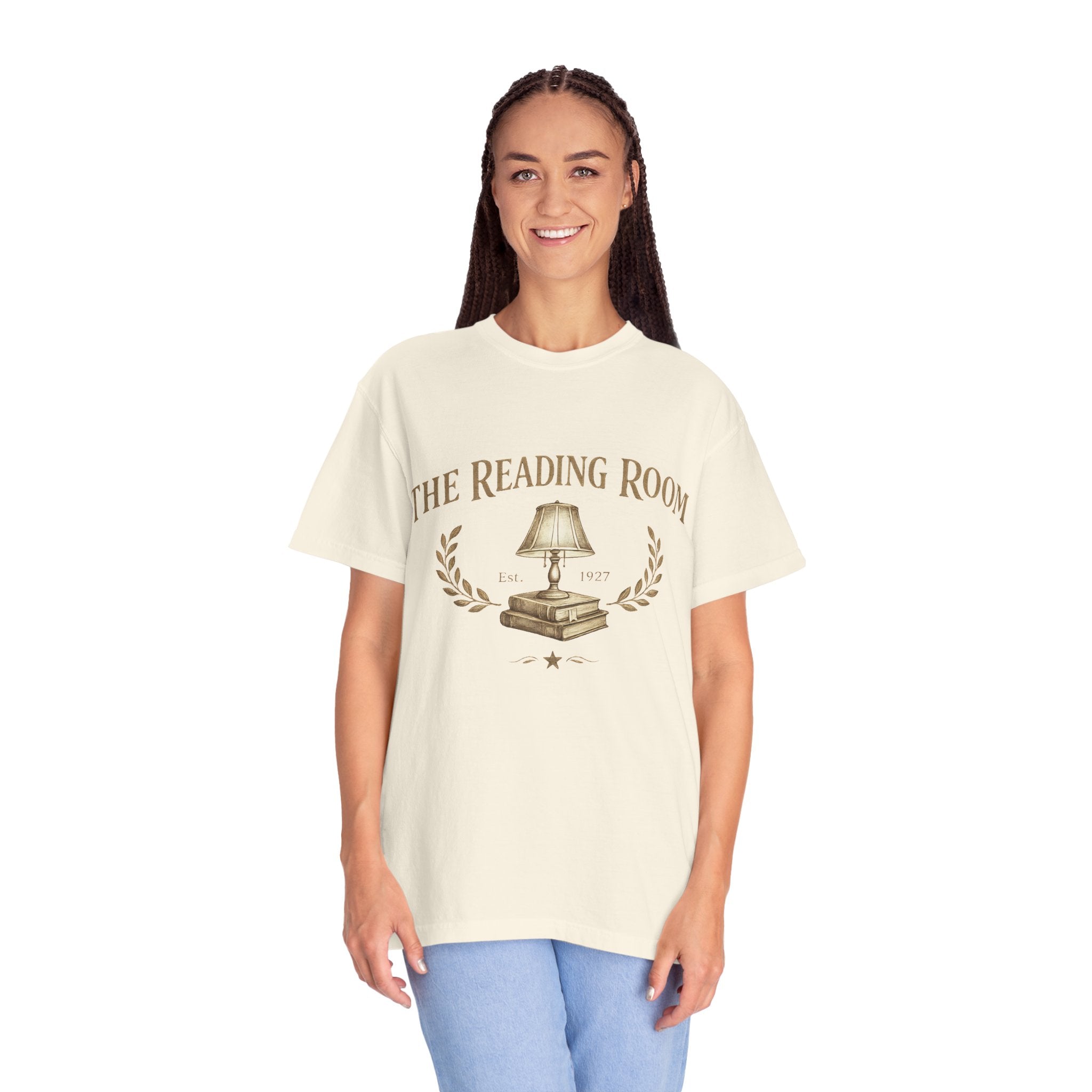 Reading Room T-Shirt — Vintage Lamp & Books Graphic Tee for Book Lovers - Creations by Chris and Carlos