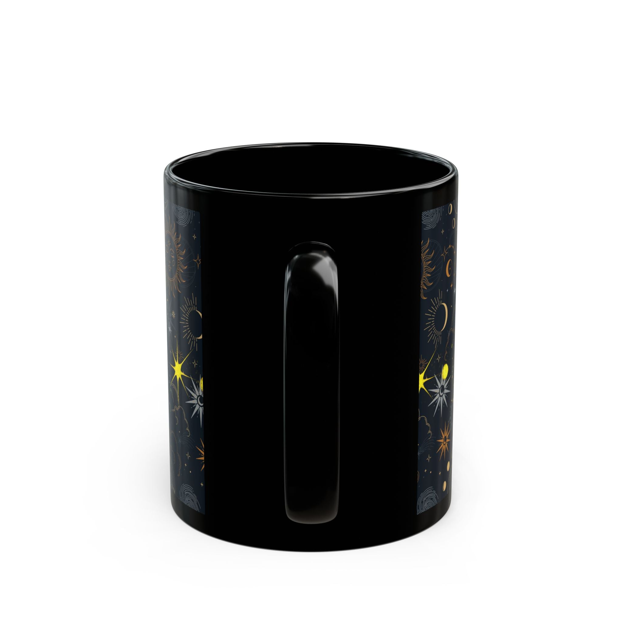 Celestial Phases Black Mug — Gold Moon & Star Astrology Design (11oz/15oz) - Creations by Chris and Carlos