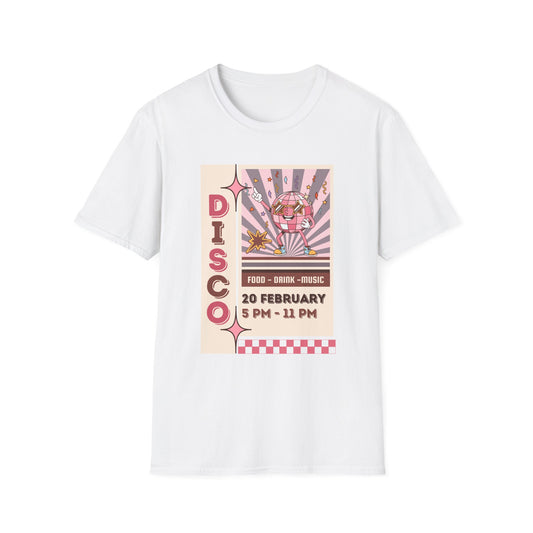Disco Party T-Shirt — Retro 70s Vinyl Night Poster Tee ("DISCO" 20 February 5PM–11PM) - Creations by Chris and Carlos