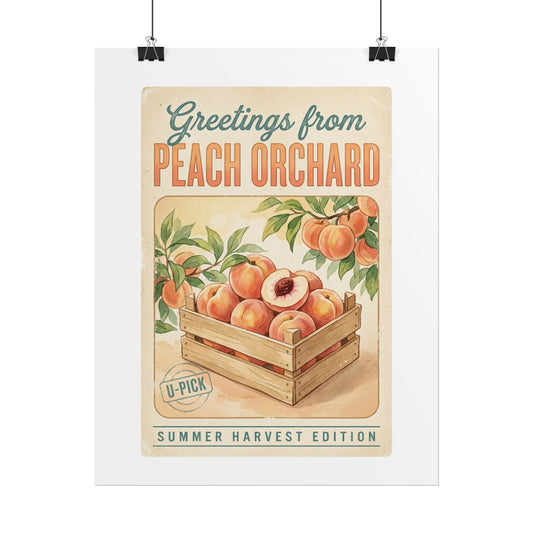 Peach Orchard Vintage Travel Poster — Rolled Poster (“Greetings from Peach Orchard” Summer Harvest Art) - Creations by Chris and Carlos