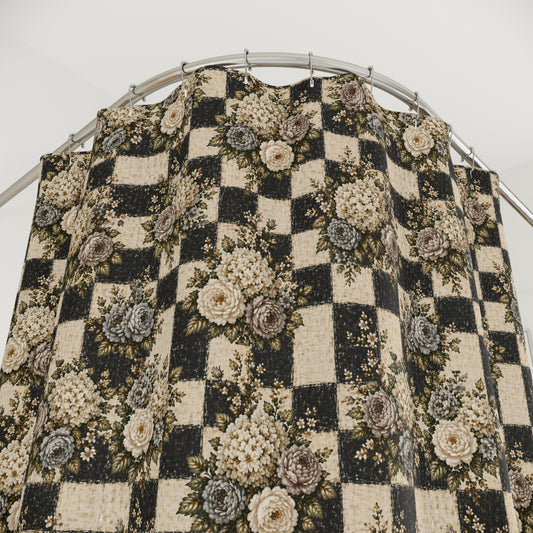 Vintage Floral Checkerboard Shower Curtain — Rustic Cottage Bathroom Décor - Creations by Chris and Carlos