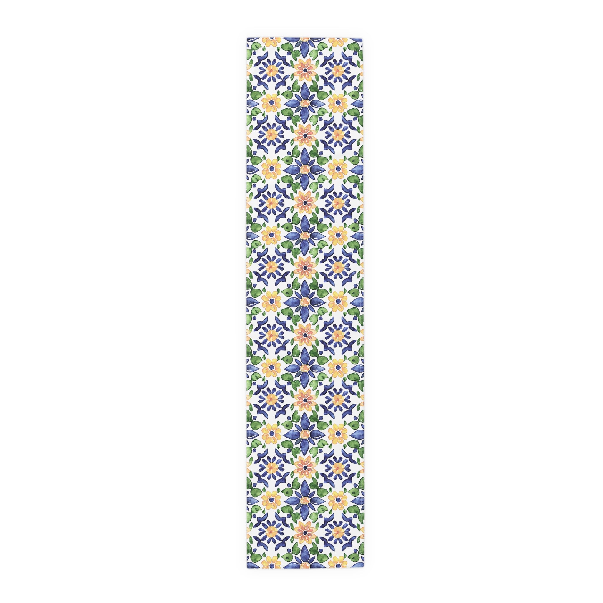 Sol y Alegría (Sun and Joy) Collection- Cactus Succulent Pattern Microfiber Blanket Soft Velveteen Throw for Home & Garden Lovers Floral Tile Table Runner — Blue & Yellow Mediterranean Pattern - Creations by Chris and Carlos