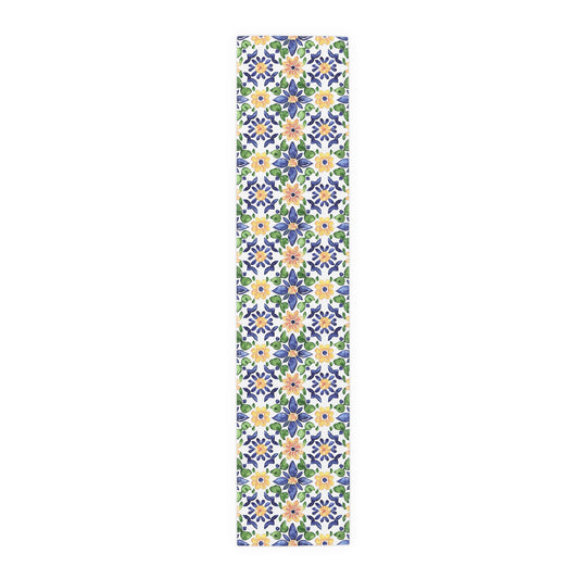 Sol y Alegría (Sun and Joy) Collection- Cactus Succulent Pattern Microfiber Blanket Soft Velveteen Throw for Home & Garden Lovers Floral Tile Table Runner — Blue & Yellow Mediterranean Pattern - Creations by Chris and Carlos