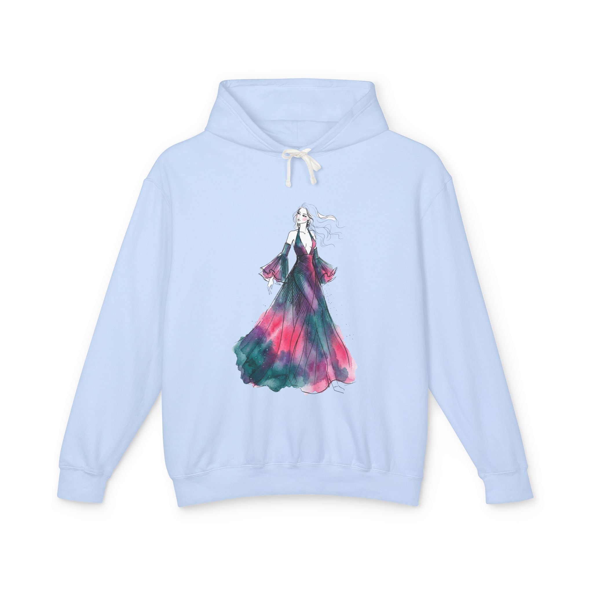 Watercolor Evening Gown Hoodie — Elegant Fashion Illustration Sweatshirt - Creations by Chris and Carlos