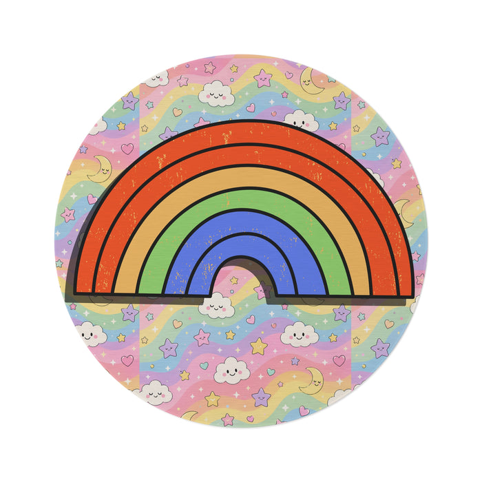 Headspace Hangs | Cute Rainbow Round Rug — Pastel Clouds & Stars Kids Playroom Decor