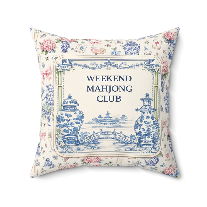 Chinoiserie Mahjong Club Square Pillow — Blue & Pink Floral Decorative Throw Pillow