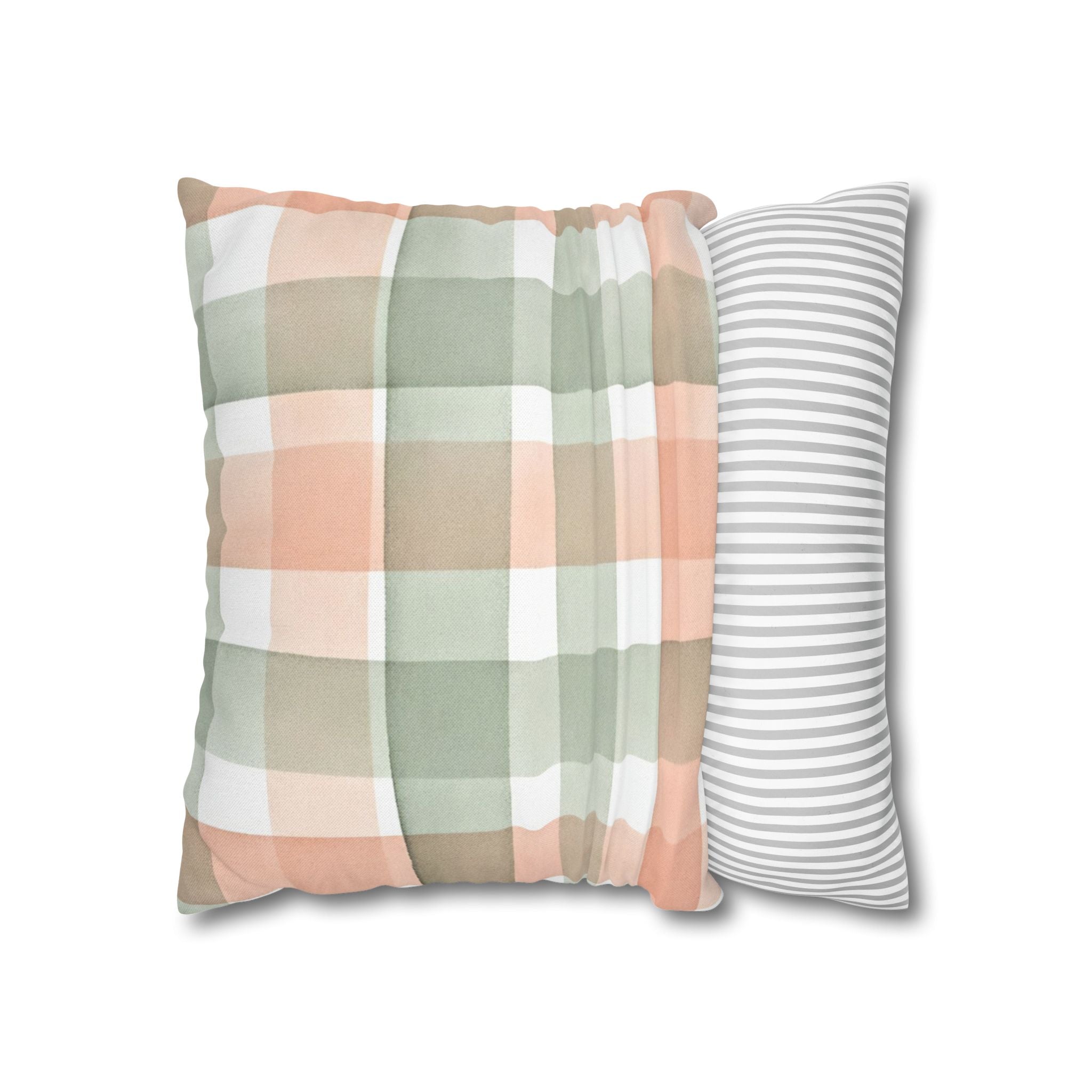The Artisanal Flora Gallery Pastel Buffalo Check Pillowcase — Peach & Sage Plaid Square Pillow Cover - Creations by Chris and Carlos