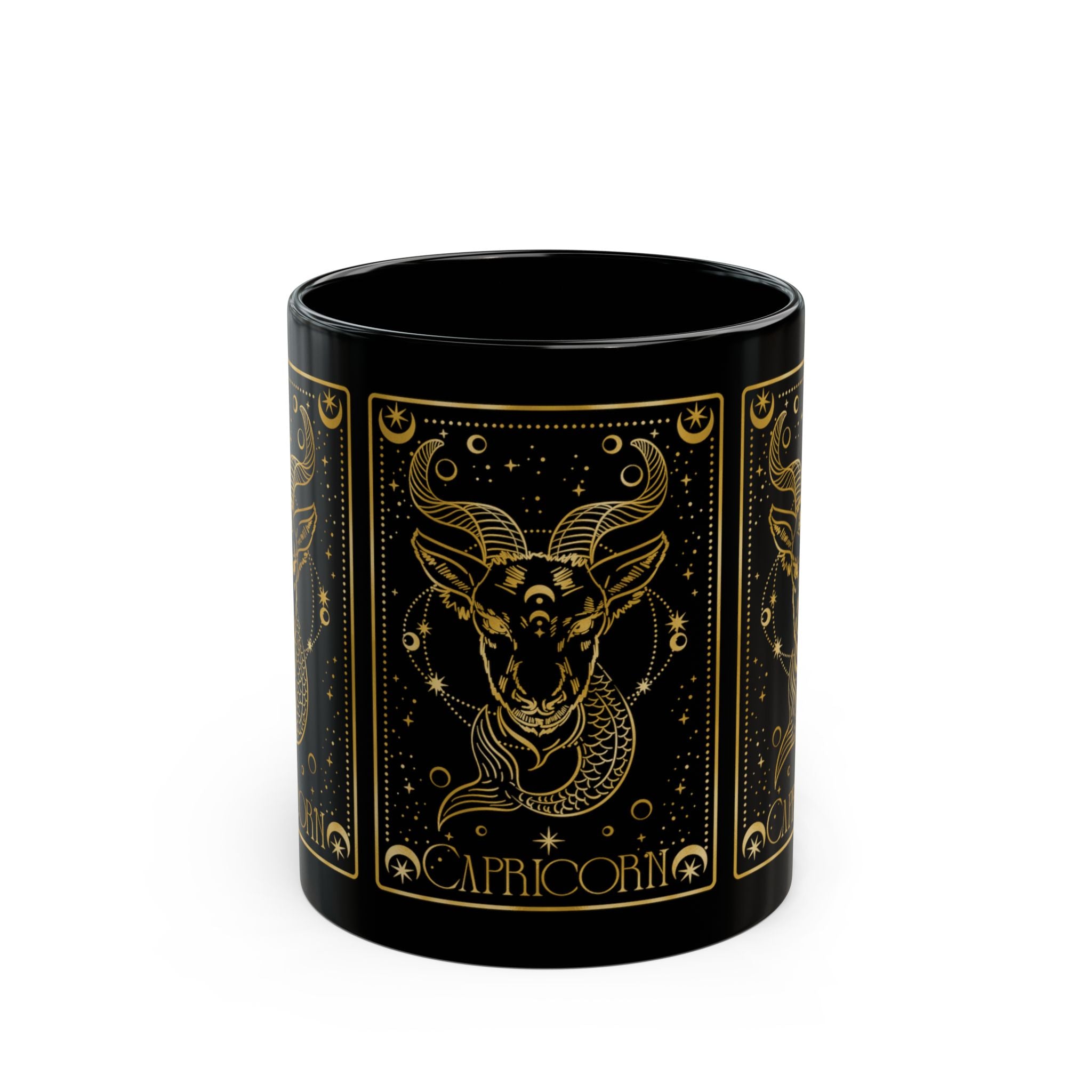 Capricorn Zodiac Black Mug — Gold Astrological Goat Design (11oz & 15oz) - Creations by Chris and Carlos