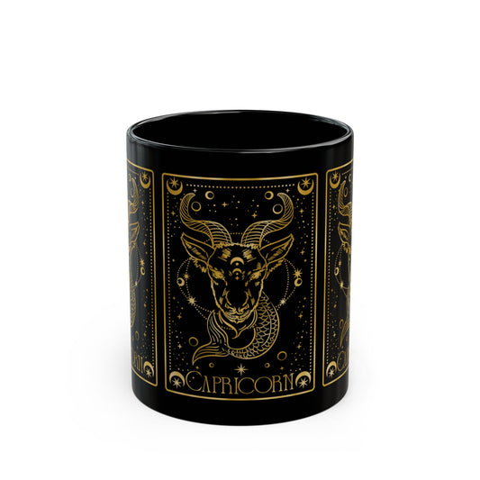 Capricorn Zodiac Black Mug — Gold Astrological Goat Design (11oz & 15oz) - Creations by Chris and Carlos