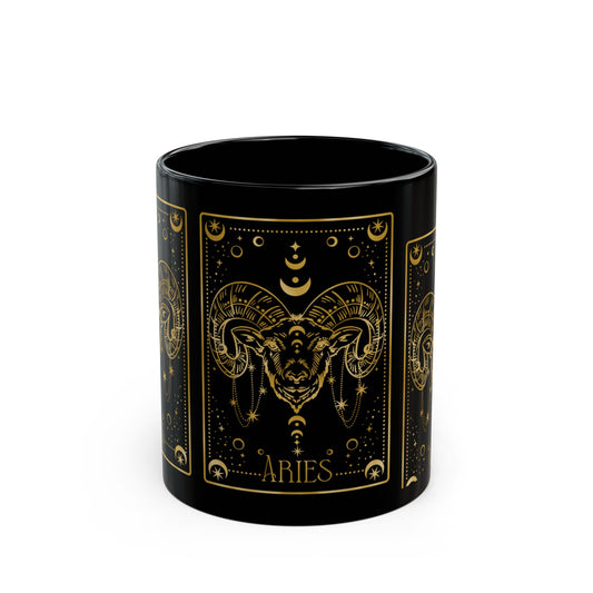 Aries Zodiac Black Mug — Gold Ram Astrology Coffee Cup (11oz & 15oz) - Creations by Chris and Carlos