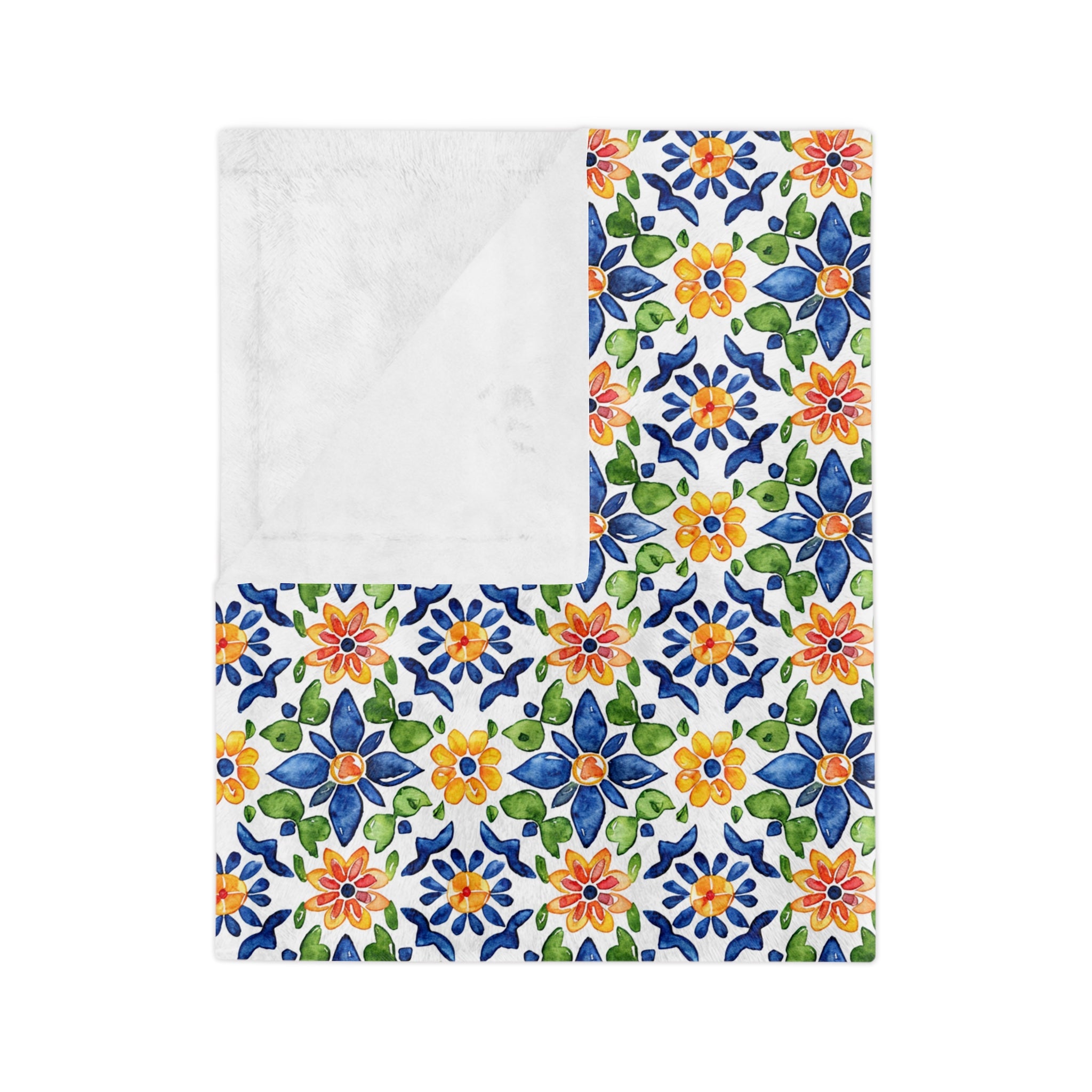 Sol y Alegría (Sun and Joy) Collection- Floral Mosaic Velveteen Blanket Blue & Yellow Microfiber Throw - Creations by Chris and Carlos