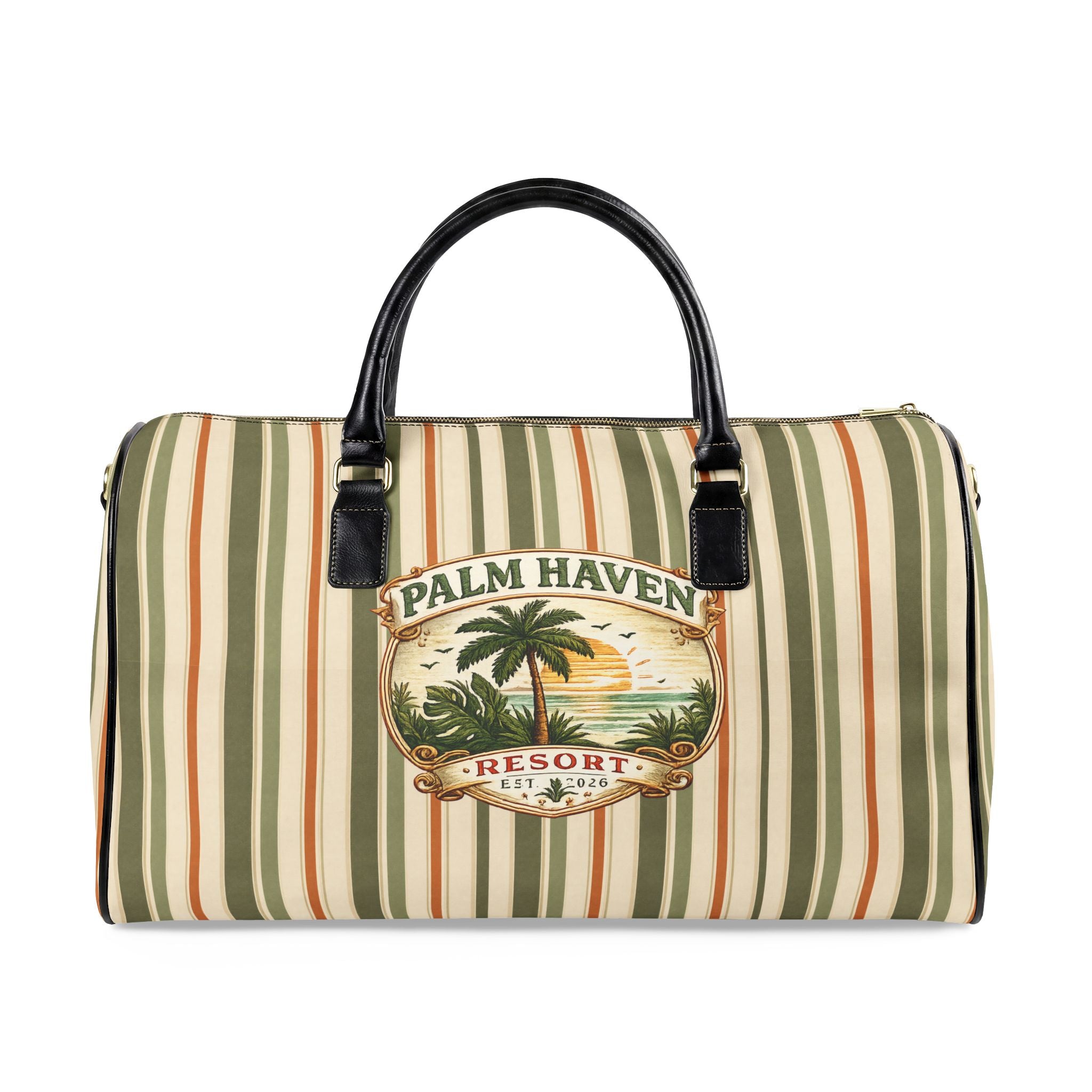Striped Leather Weekender Bag — Olive & Tan Travel Duffle - Creations by Chris and Carlos