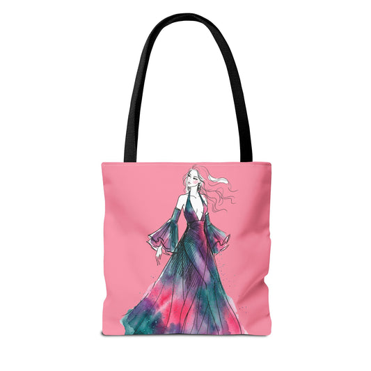 Pink Watercolor Fashion Tote Bag — Elegant Woman in Flowing Dress AOP - Creations by Chris and Carlos