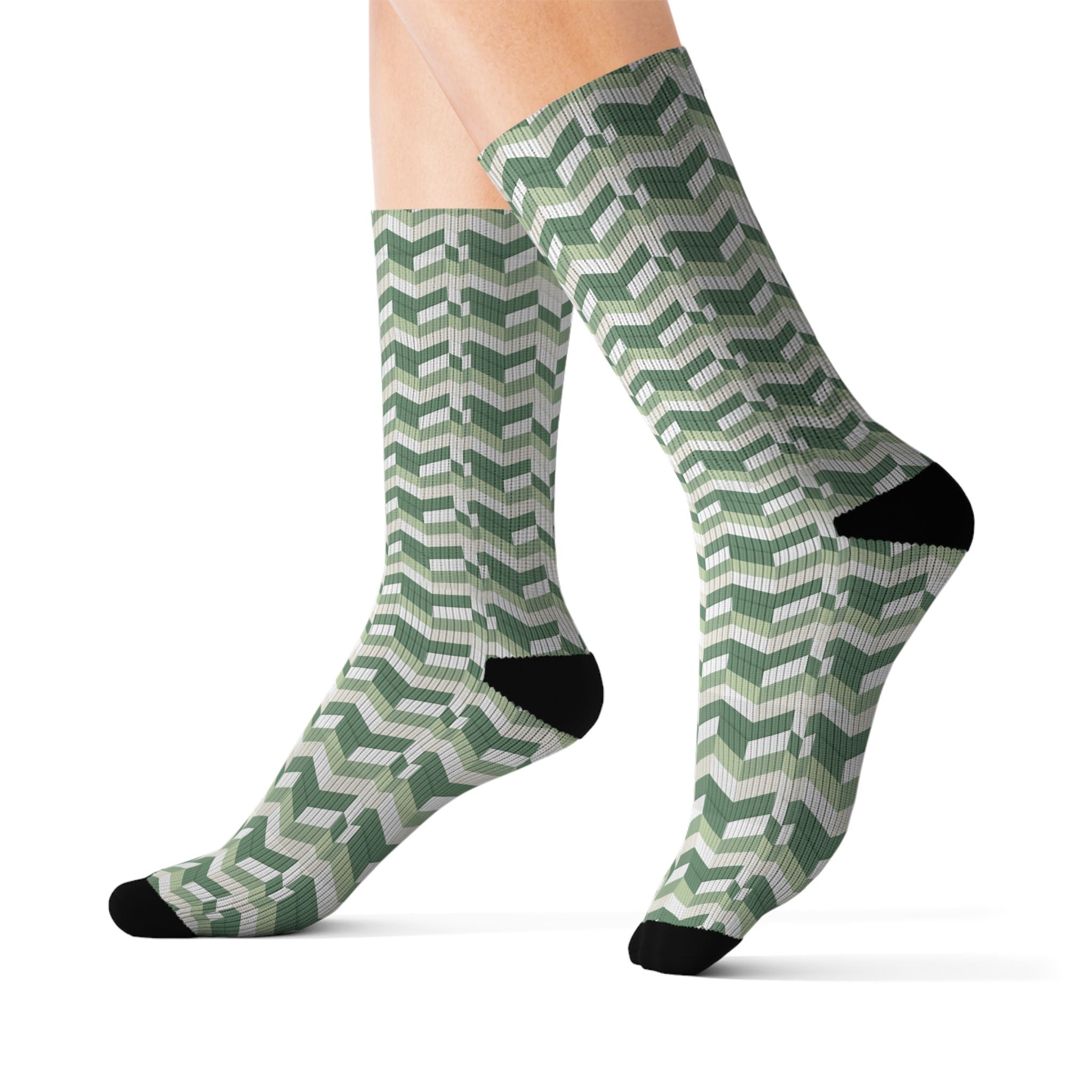 Prism Point Athletic Collection- Green Zigzag Knit-Pattern Sublimation Crew Socks - Creations by Chris and Carlos