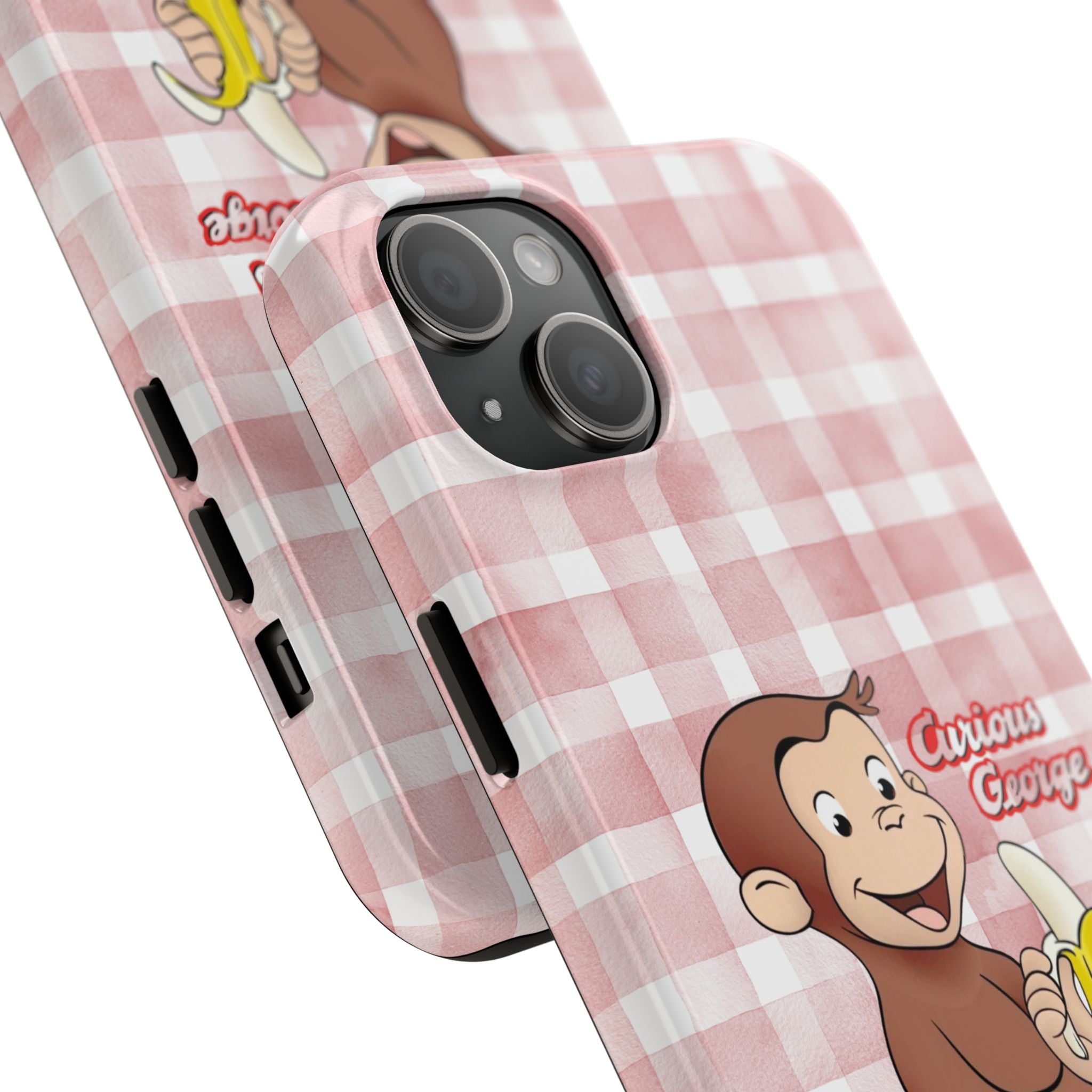 Curious George Banana Tough Phone Case — Cute Kids iPhone Cover, Pink Gingham Protective Case - Creations by Chris and Carlos
