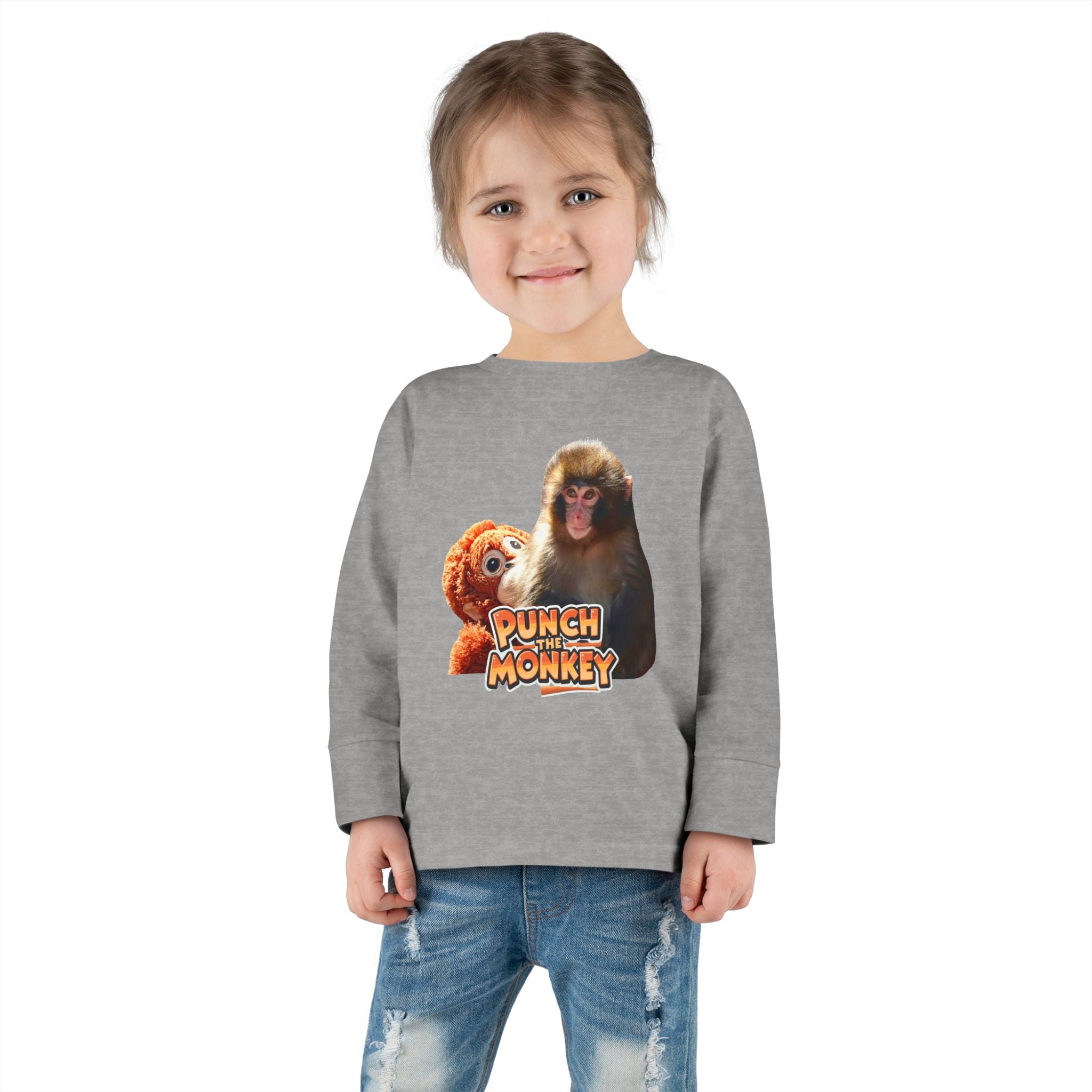 Punch Monkey Toddler Long Sleeve Tee Cute Monkey & Plush Character Shirt for Kids - Creations by Chris and Carlos