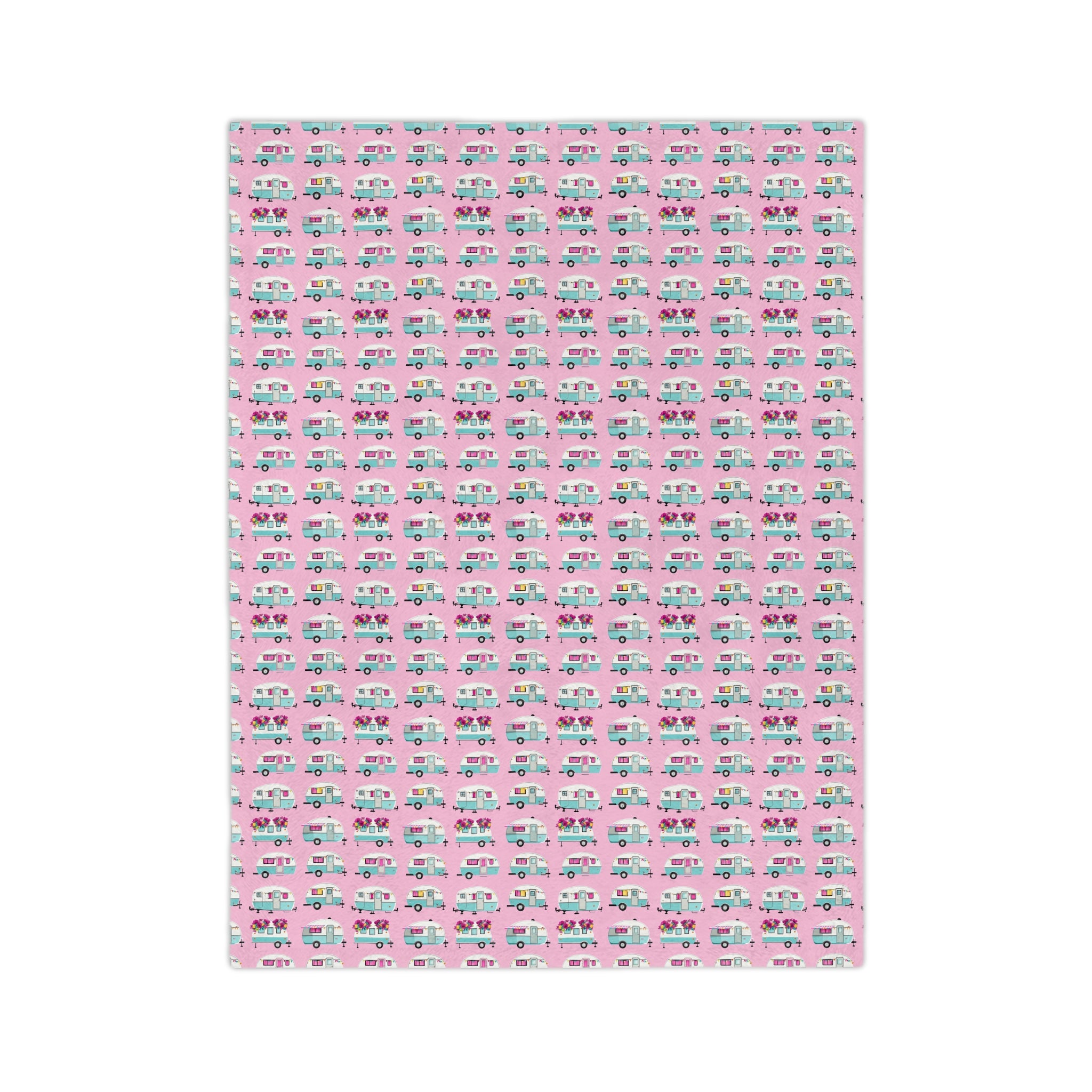 The Sugar Shack- Pink Retro Camper Velveteen Microfiber Blanket Cute Travel Van Pattern Throw - Creations by Chris and Carlos